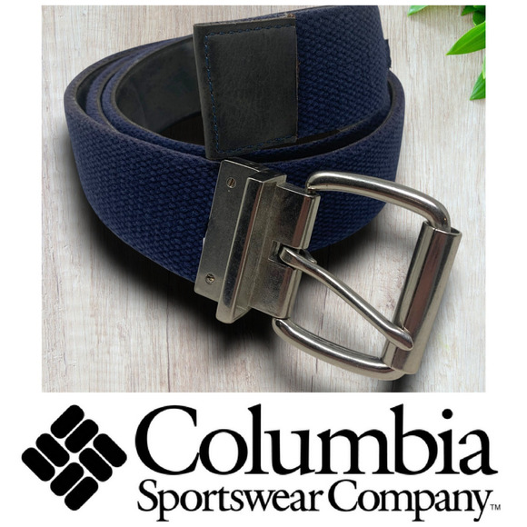 Vintage Y2K Columbia Men's Sz 40 Reversible Black Leather/Navy Twill Belt - Picture 1 of 5